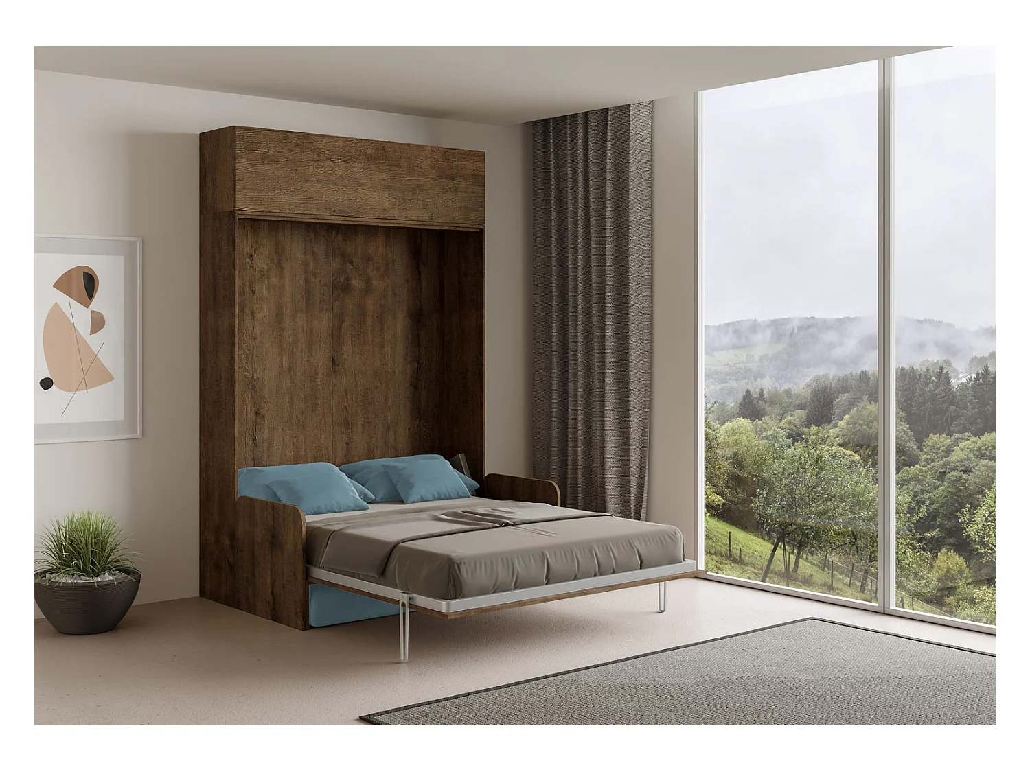 Kentaro 160 cm łóżko składane podwójne z sofą i orzechową szafką ścienną, jasnoniebieski