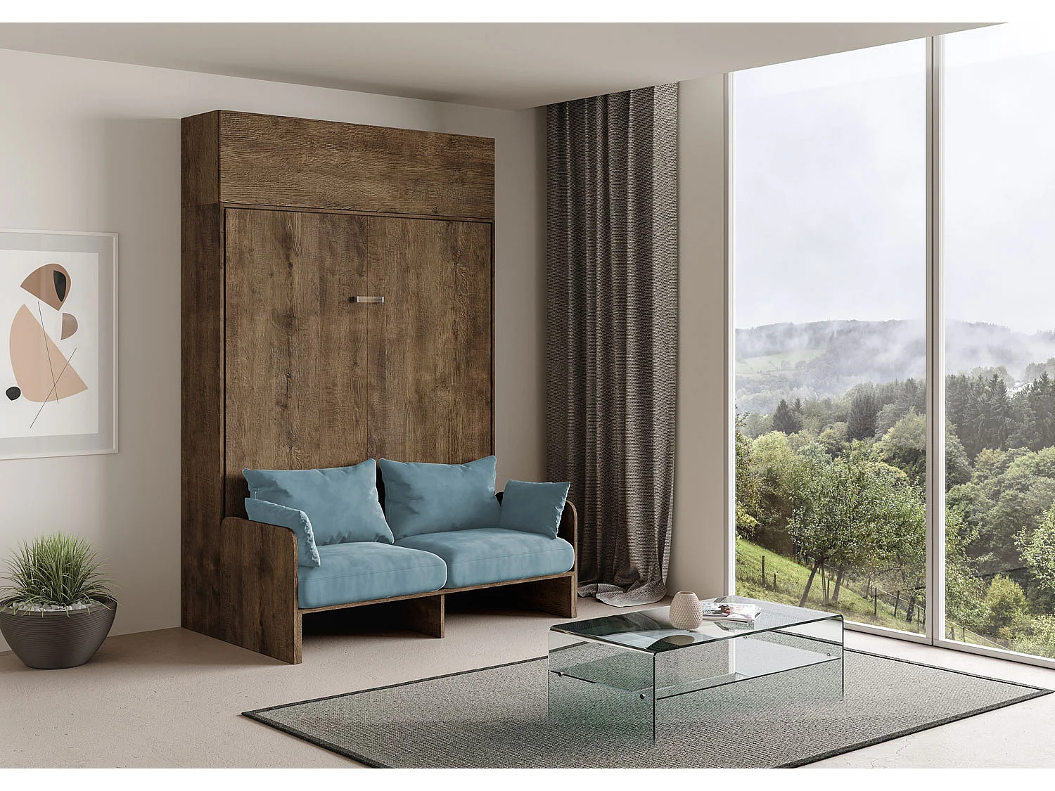 Kentaro 160 cm opklapbaar tweepersoonsbed met bank en notenhouten wandmeubel, lichtblauw