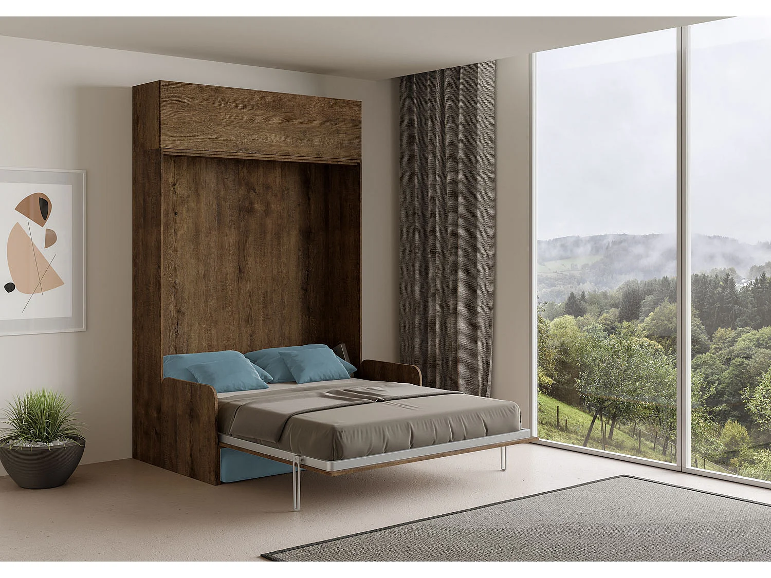 Kentaro 160 cm opklapbaar tweepersoonsbed met bank en notenhouten wandmeubel, lichtblauw