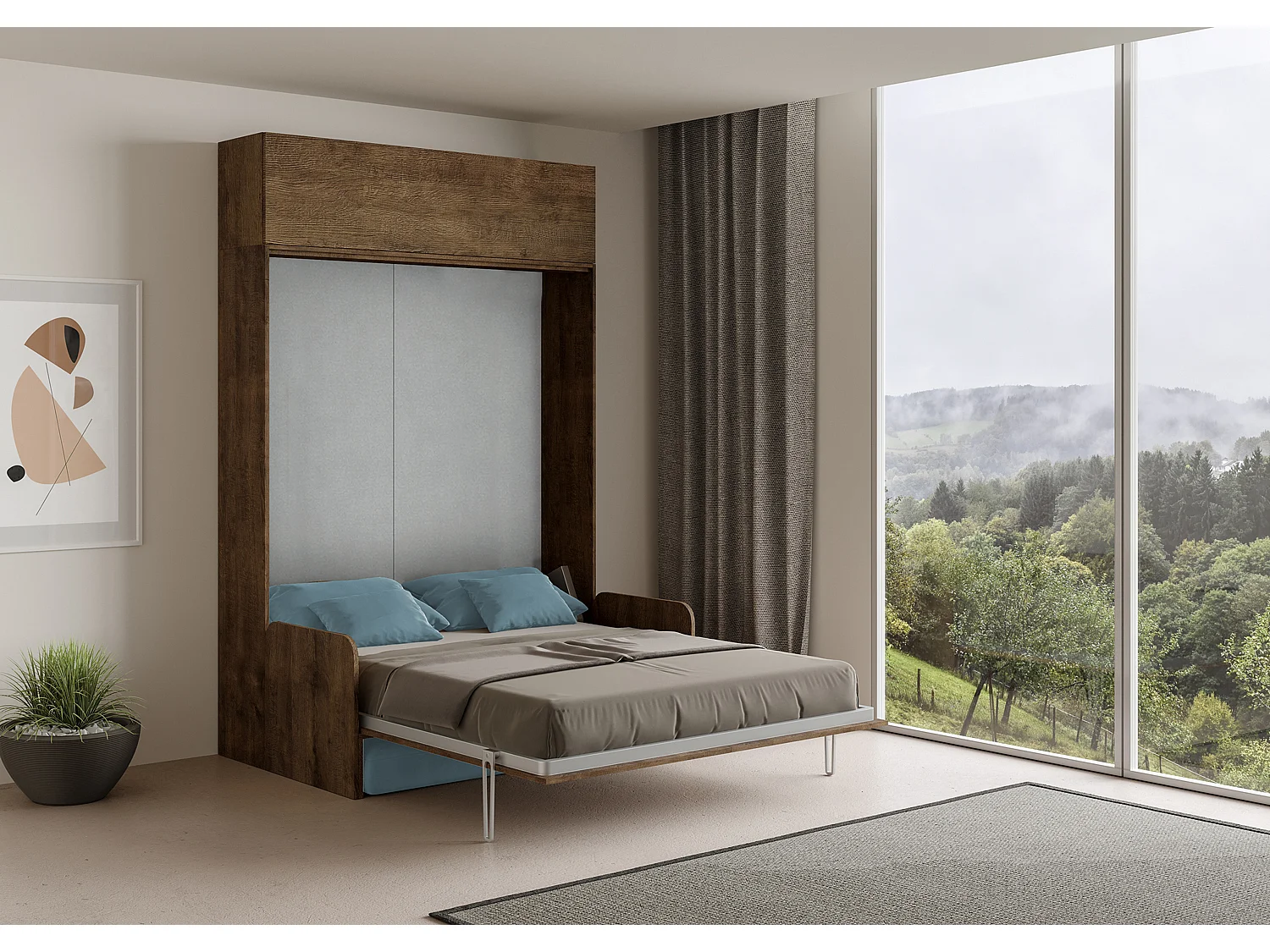 Kentaro 160 cm Klappbett für Doppelbett mit Sofa und Schrankwand aus Walnussholz, hellblau