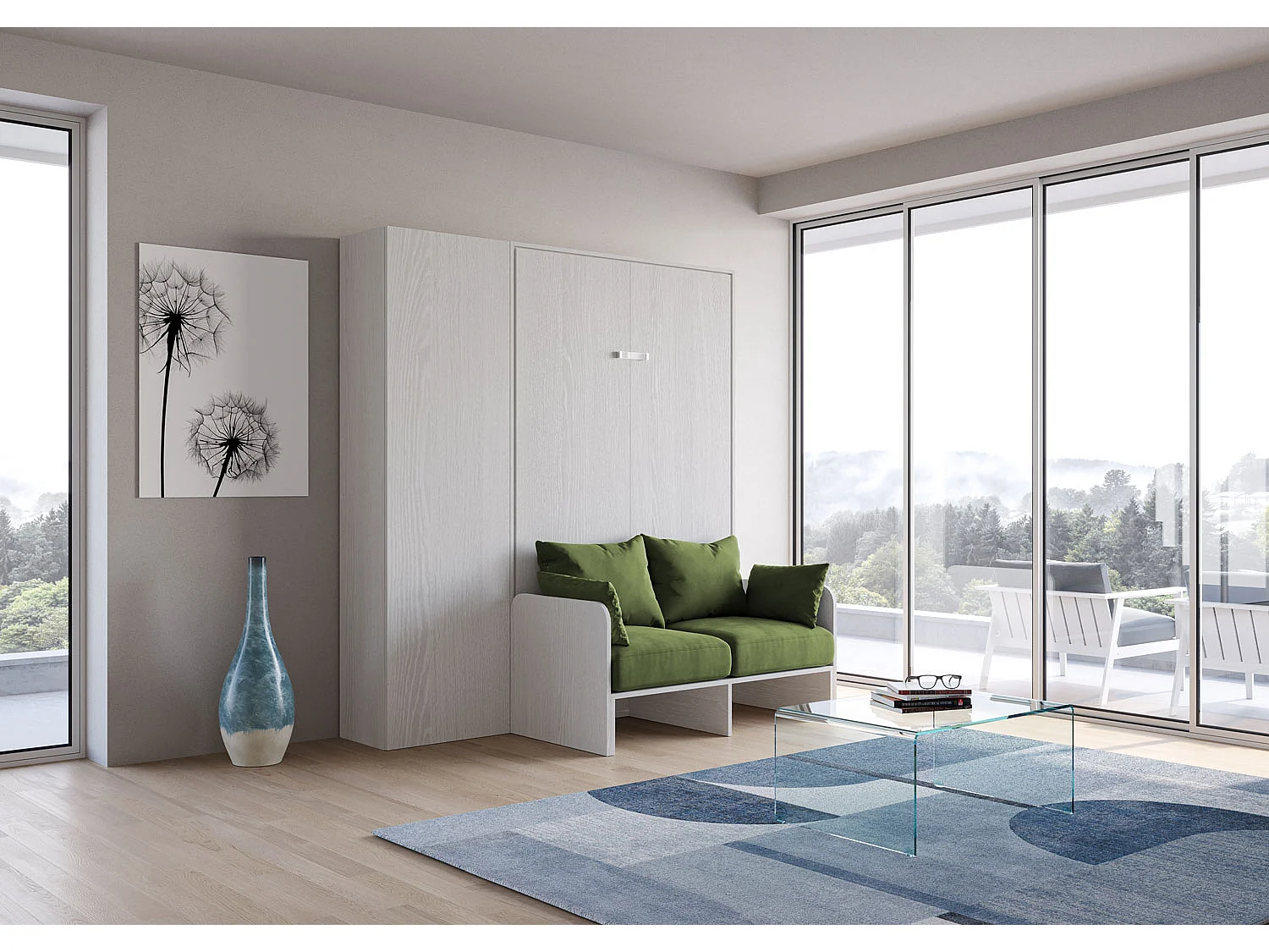 Kentaro 120 cm queensize klapseng med sofa og søjle i askehvid, grøn