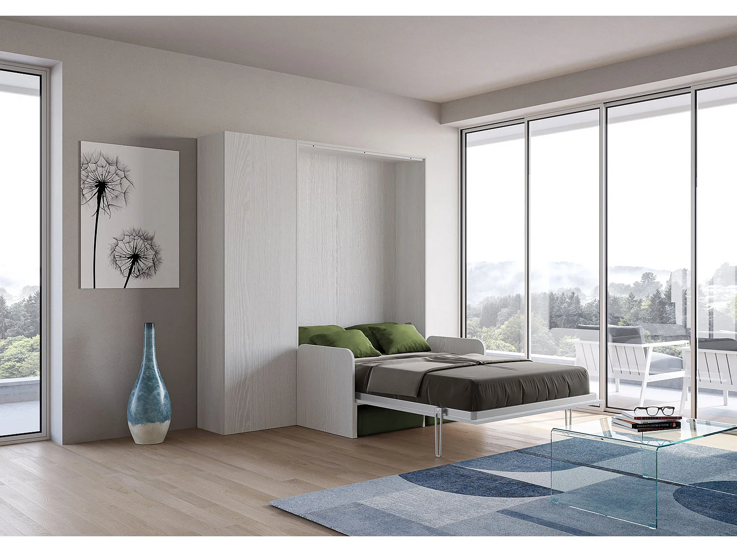 Kentaro 120 cm queensize klapseng med sofa og søjle i askehvid, grøn