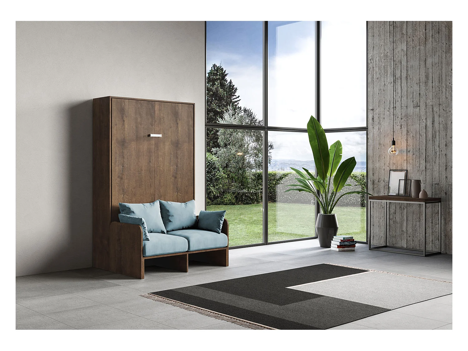 Kentaro 140 cm francuskie łóżko składane podwójne z sofą orzechową, jasnoniebieski