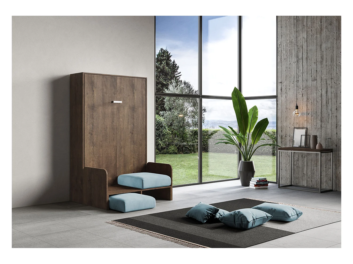 Kentaro 140 cm francuskie łóżko składane podwójne z sofą orzechową, jasnoniebieski