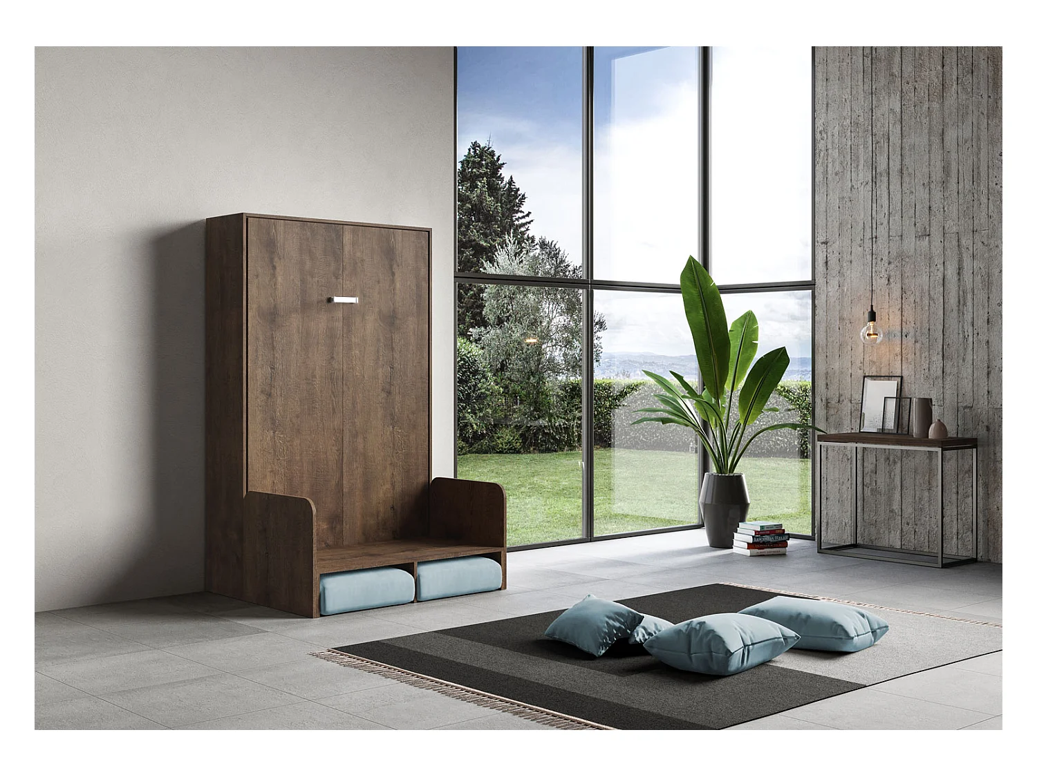 Kentaro 140 cm francuskie łóżko składane podwójne z sofą orzechową, jasnoniebieski