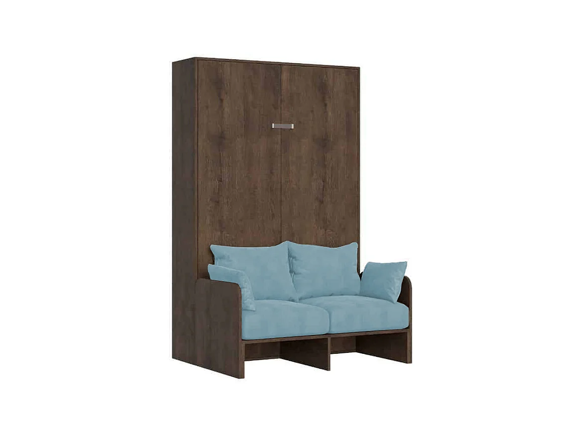 Lit double escamotable français Kentaro 140 cm avec canapé en noyer, bleu clair