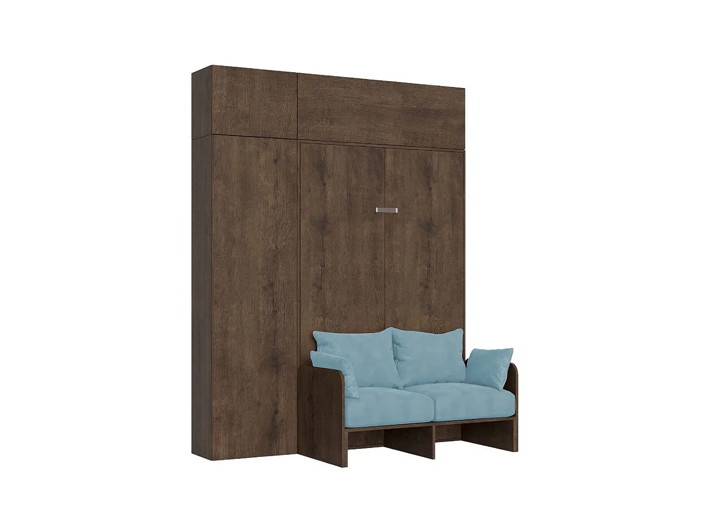 Lit double escamotable français Kentaro 140 cm avec canapé et meubles en noyer, bleu clair