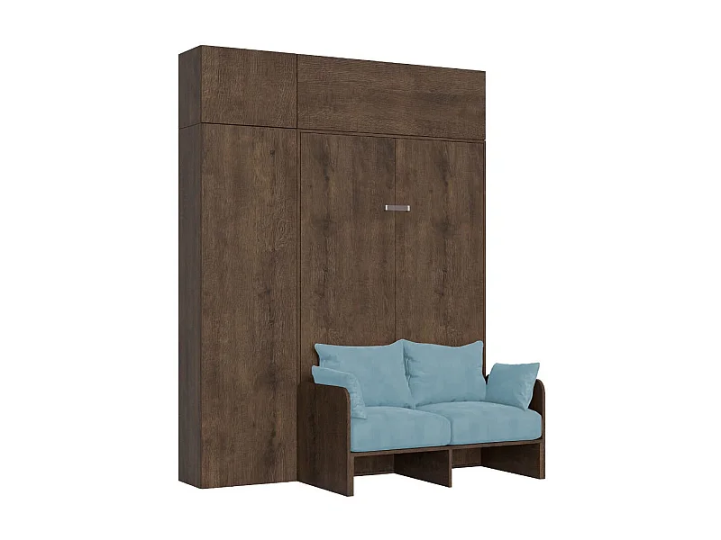 Lit double escamotable français Kentaro 140 cm avec canapé et meubles en noyer, bleu clair