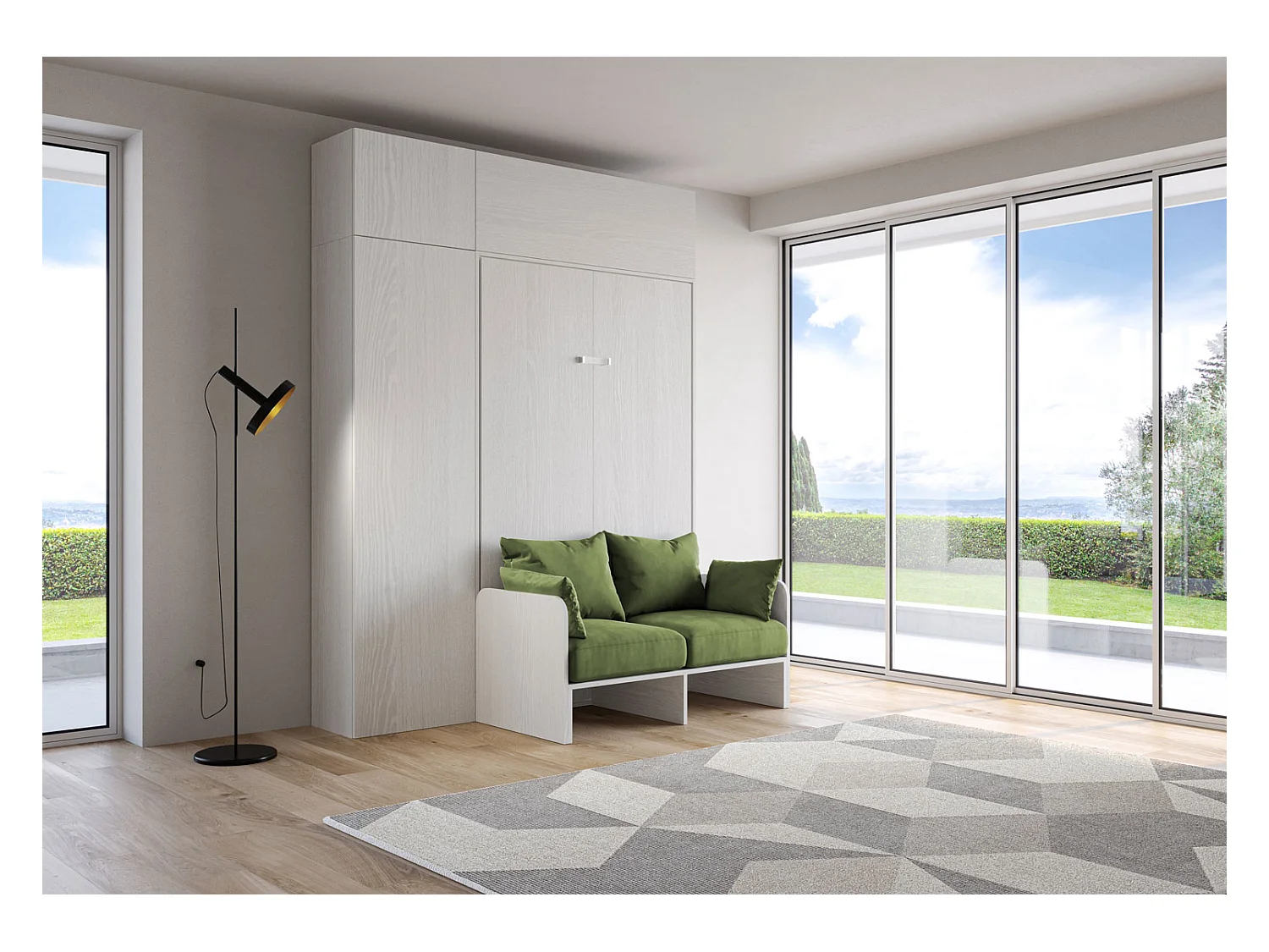 Kentaro 120 cm składane łóżko typu queen-size z sofą i białymi, jesionowymi i zielonymi meblami