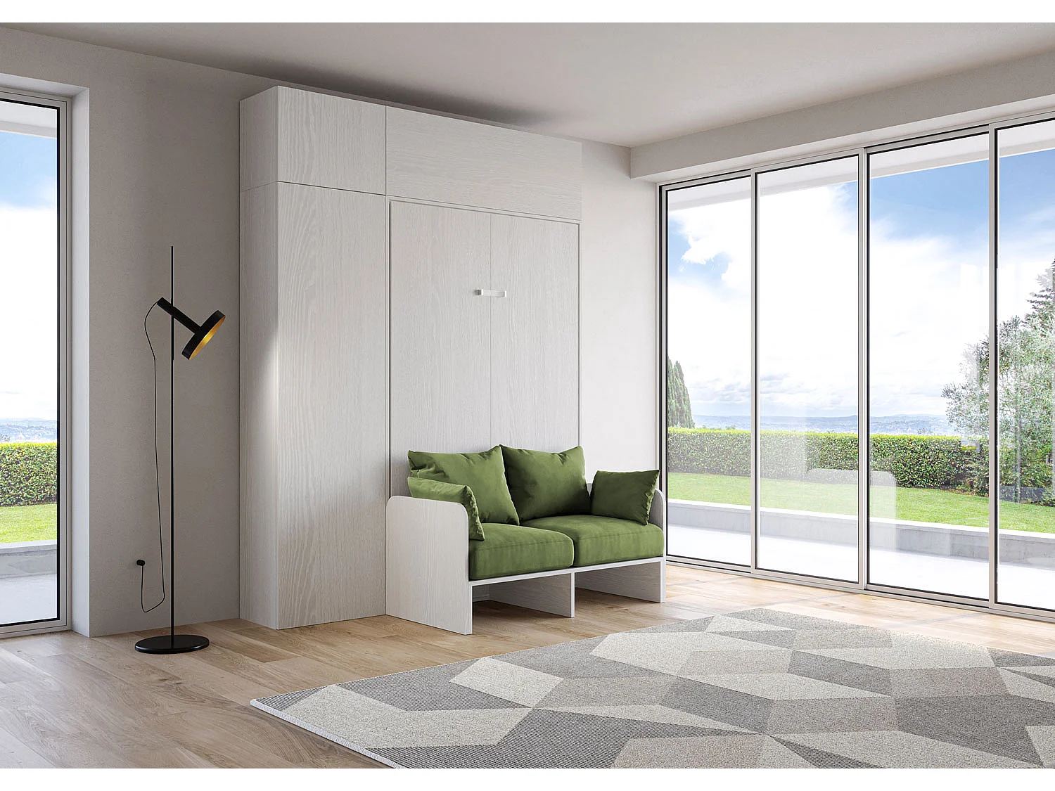 Kentaro 120 cm klapseng i queensize med sofa og møbler i hvid, ask og grøn