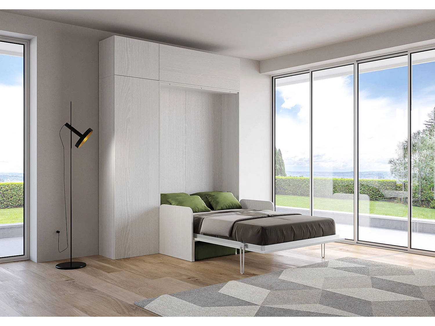 Kentaro 120 cm klapseng i queensize med sofa og møbler i hvid, ask og grøn