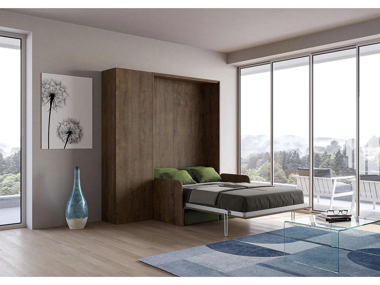 Kentaro 140cm opklapbed tweepersoonsbed met bank en notenhouten kolom, groen