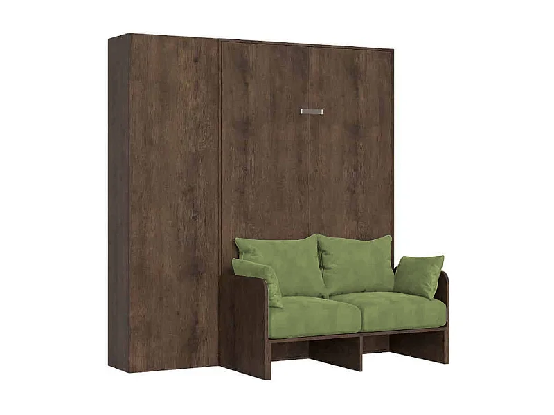 Lit double escamotable Kentaro 140 cm avec canapé et colonne en noyer, vert