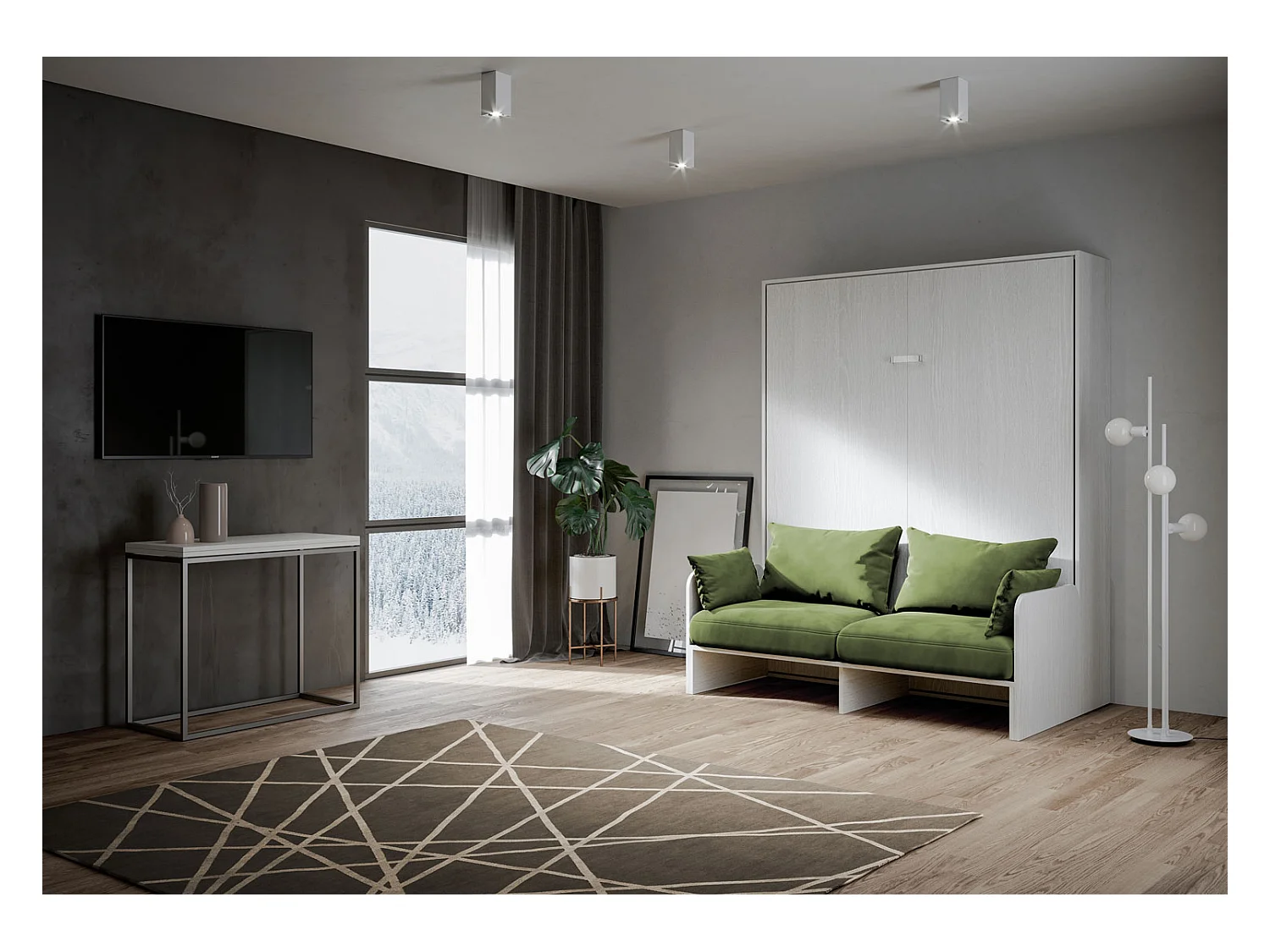 Kentaro 160cm opklapbaar tweepersoonsbed met witte essenhouten bank, groen