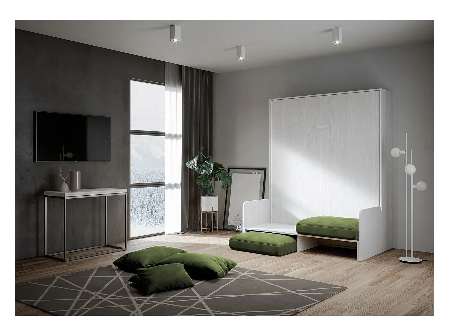 Kentaro 160cm opklapbaar tweepersoonsbed met witte essenhouten bank, groen