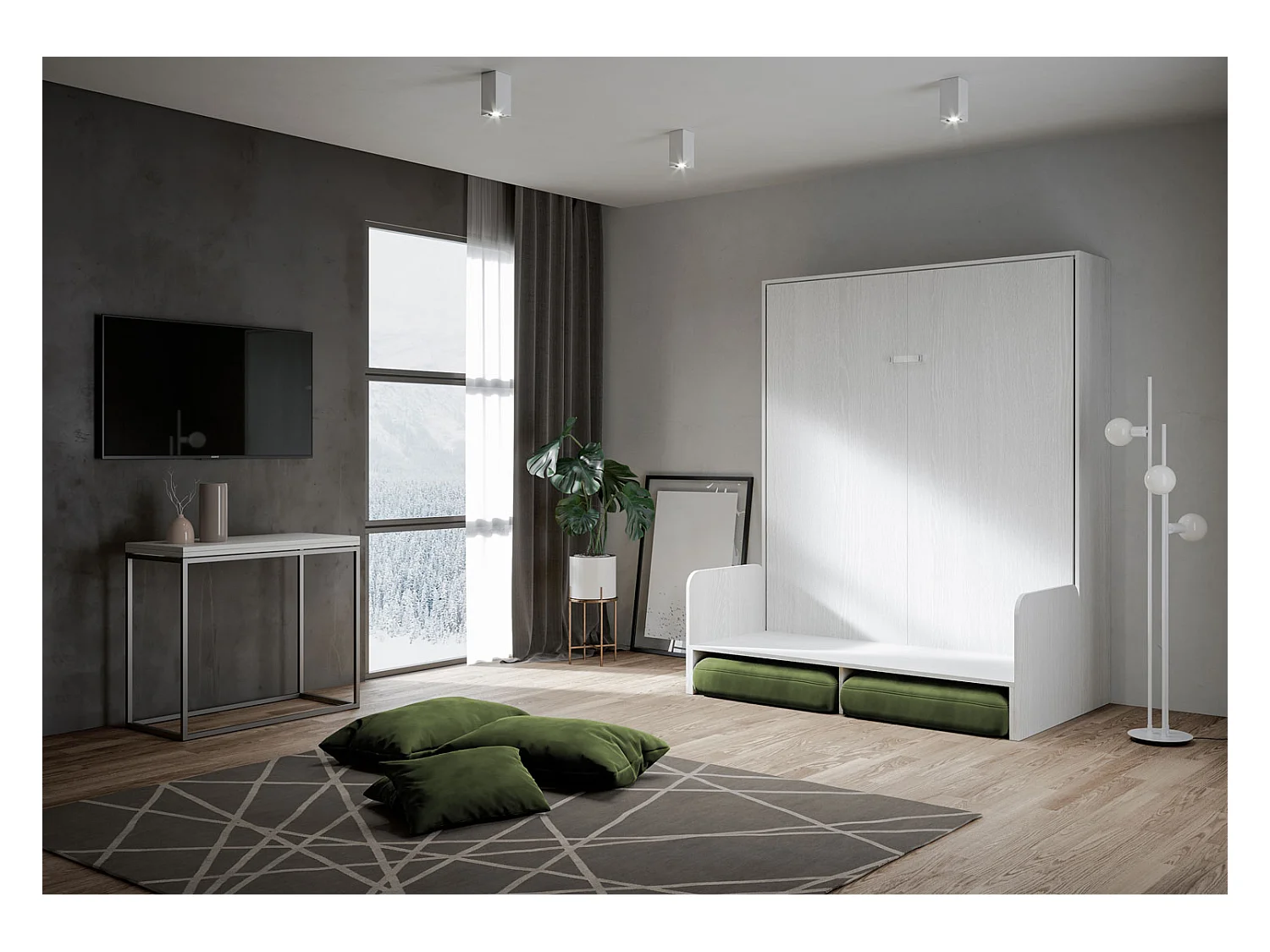 Kentaro 160cm opklapbaar tweepersoonsbed met witte essenhouten bank, groen