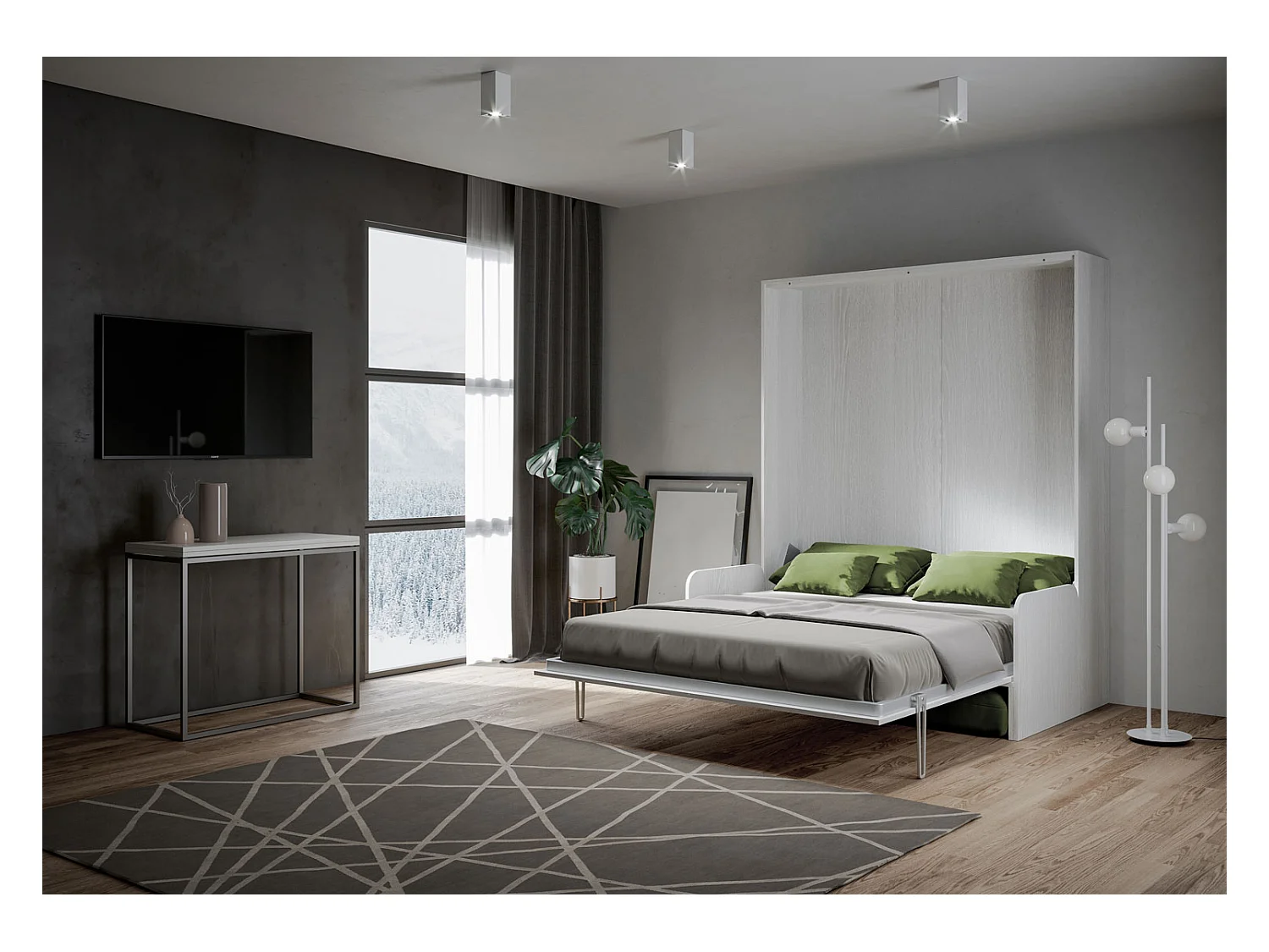 Kentaro 160cm opklapbaar tweepersoonsbed met witte essenhouten bank, groen