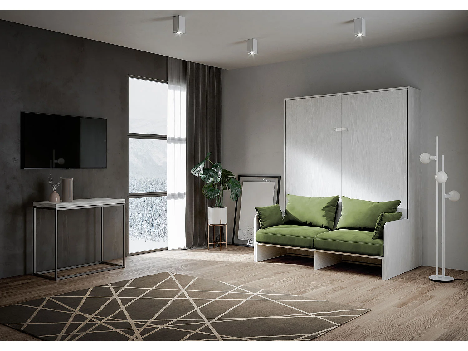 Kentaro 160cm opklapbaar tweepersoonsbed met witte essenhouten bank, groen