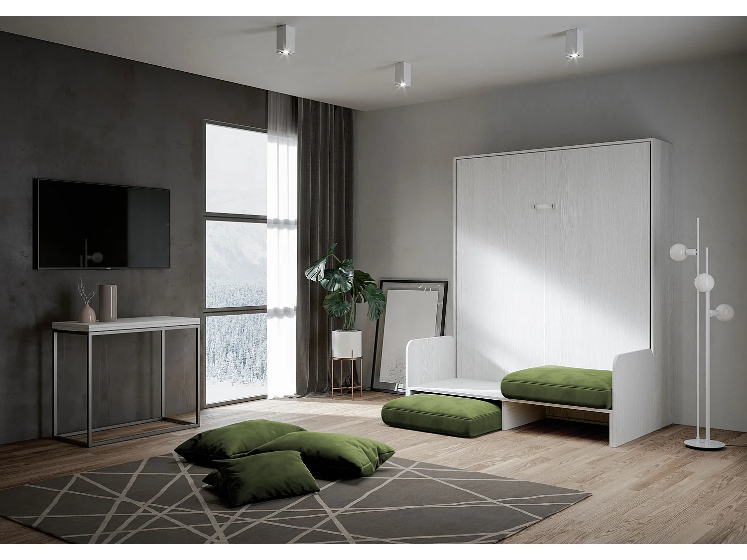 Kentaro 160cm opklapbaar tweepersoonsbed met witte essenhouten bank, groen