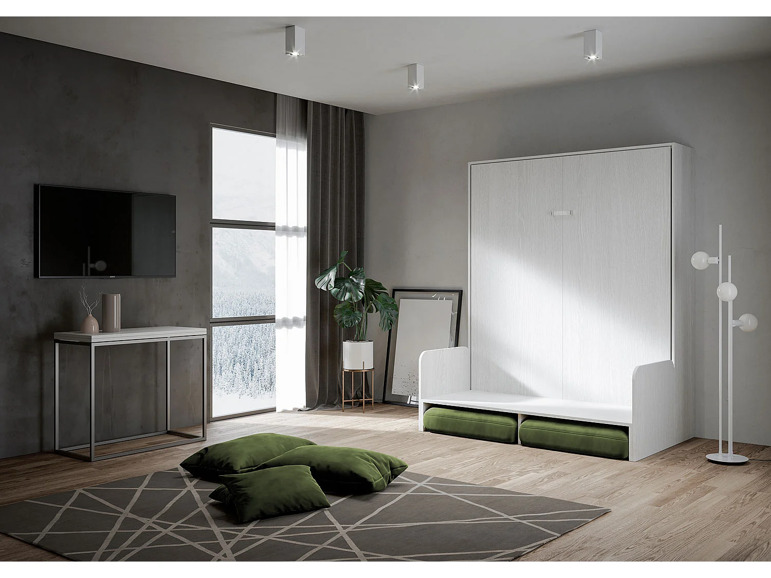 Kentaro 160cm opklapbaar tweepersoonsbed met witte essenhouten bank, groen