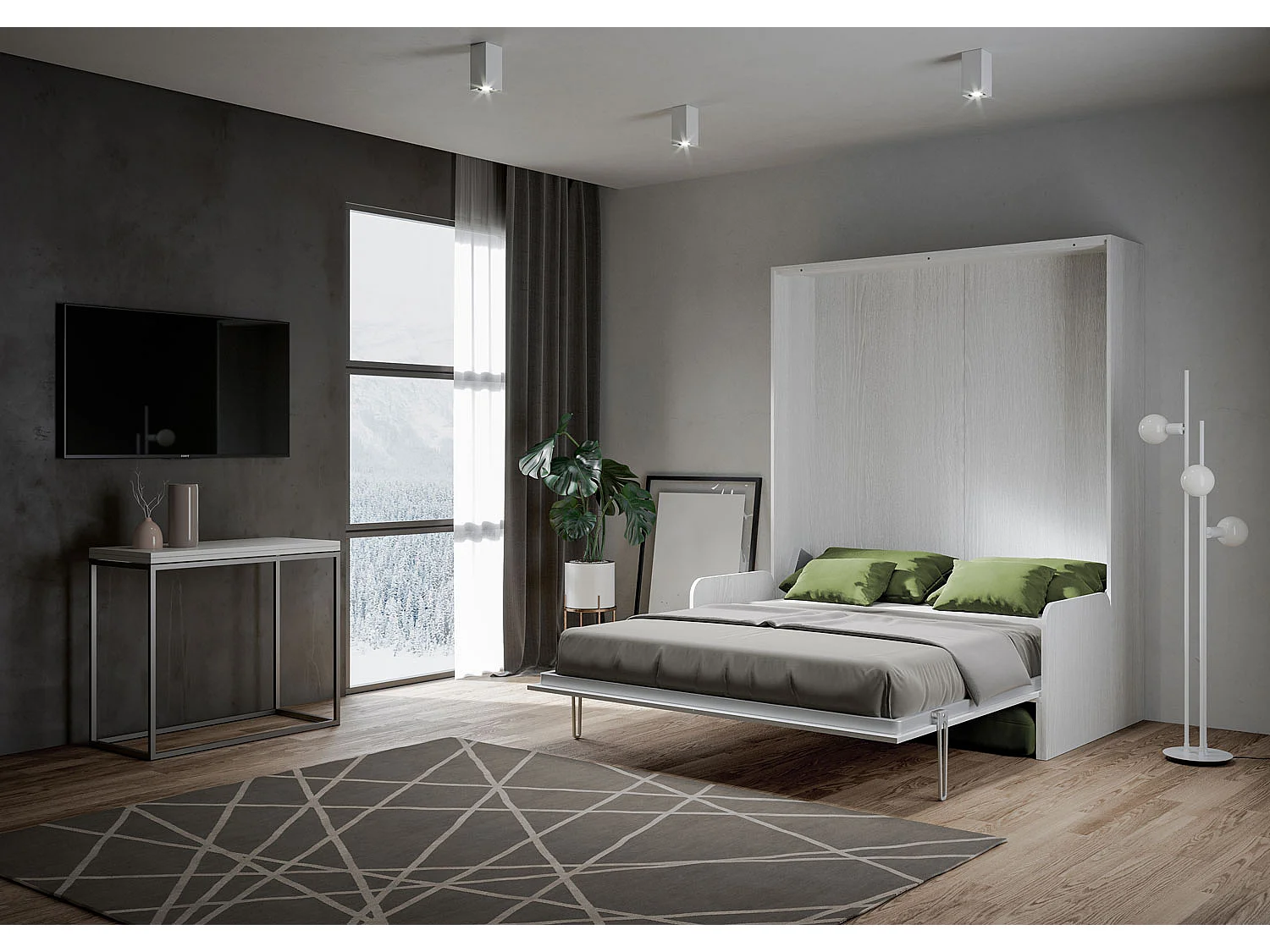 Kentaro 160cm opklapbaar tweepersoonsbed met witte essenhouten bank, groen