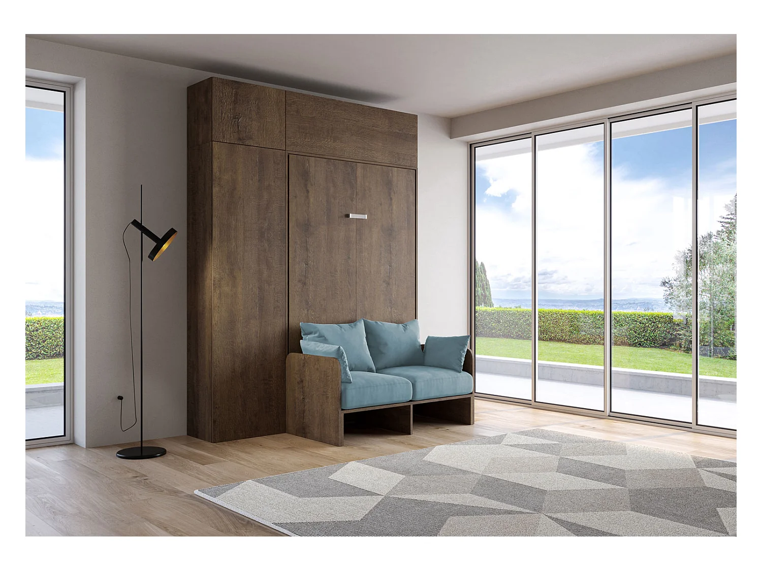 Kentaro 120 cm składane łóżko typu queen-size z orzechową sofą i meblami, jasnoniebieski