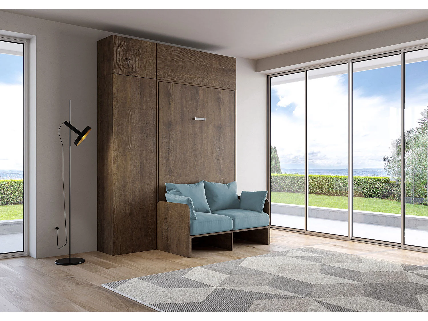 Kentaro 120 cm opklapbaar queensize bed met notenhouten bank en meubels, lichtblauw