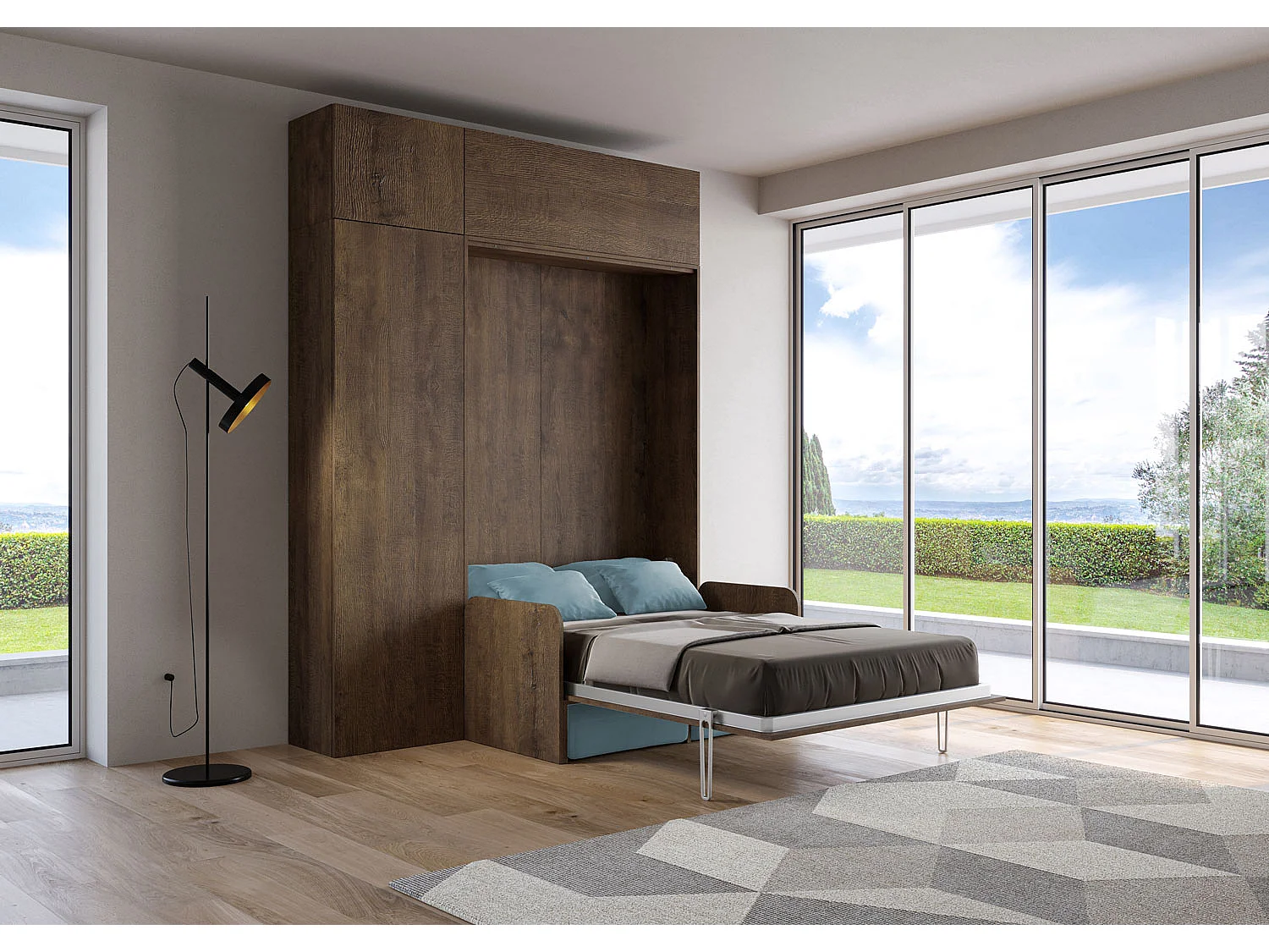 Kentaro 120 cm opklapbaar queensize bed met notenhouten bank en meubels, lichtblauw