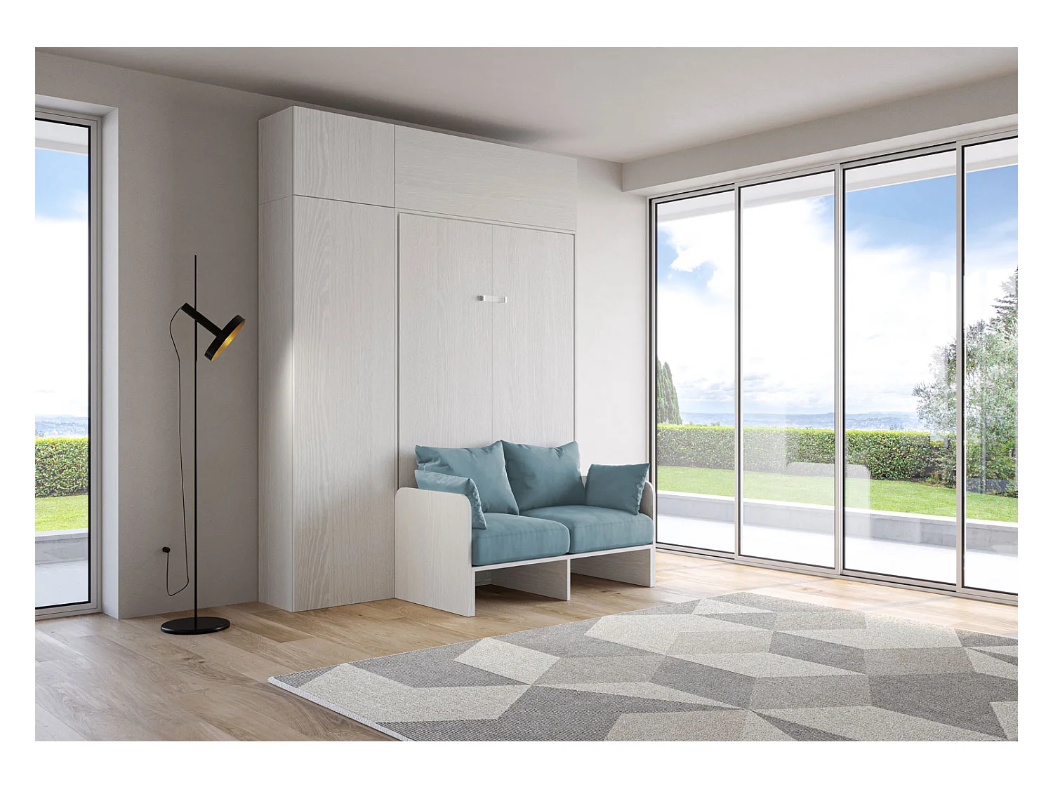 Kentaro 120 cm opklapbaar queensize bed met bank en wit, essen en lichtblauw meubilair