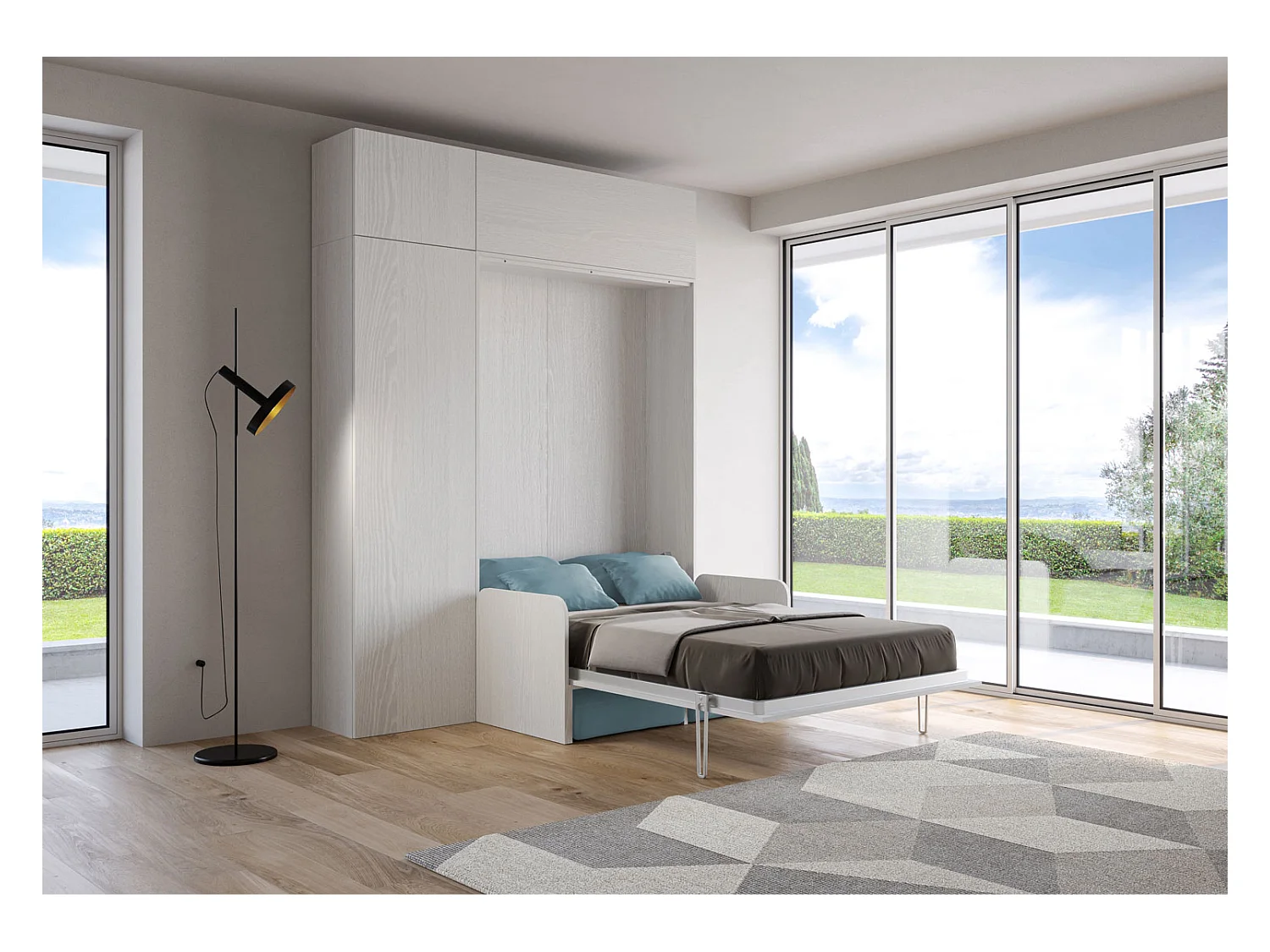 Kentaro 120 cm opklapbaar queensize bed met bank en wit, essen en lichtblauw meubilair