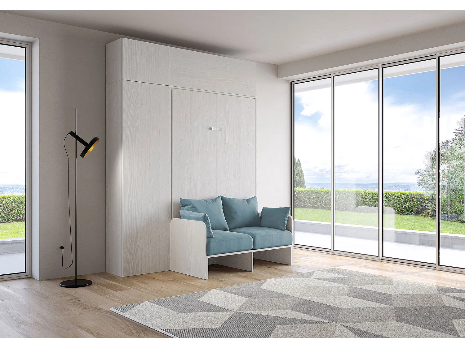 Kentaro 120 cm opklapbaar queensize bed met bank en wit, essen en lichtblauw meubilair