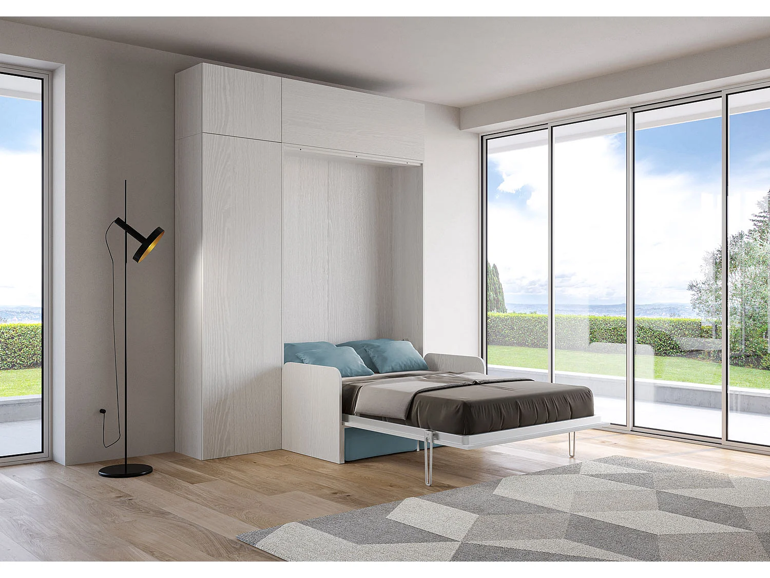 Kentaro 120 cm opklapbaar queensize bed met bank en wit, essen en lichtblauw meubilair