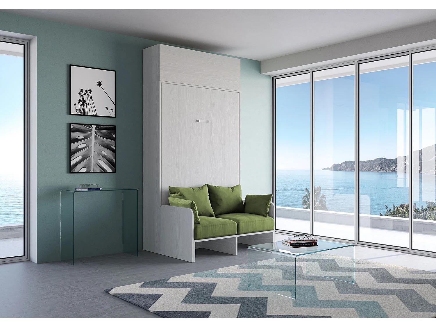 Kentaro 140cm Frans opklapbed met bank en wandmeubel in witte essenkleur, groen