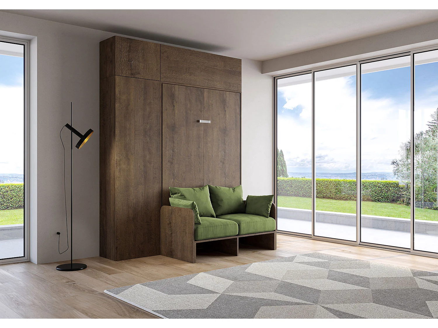 Kentaro 120cm opklapbed queensize met bank en notenhouten meubelen, groen