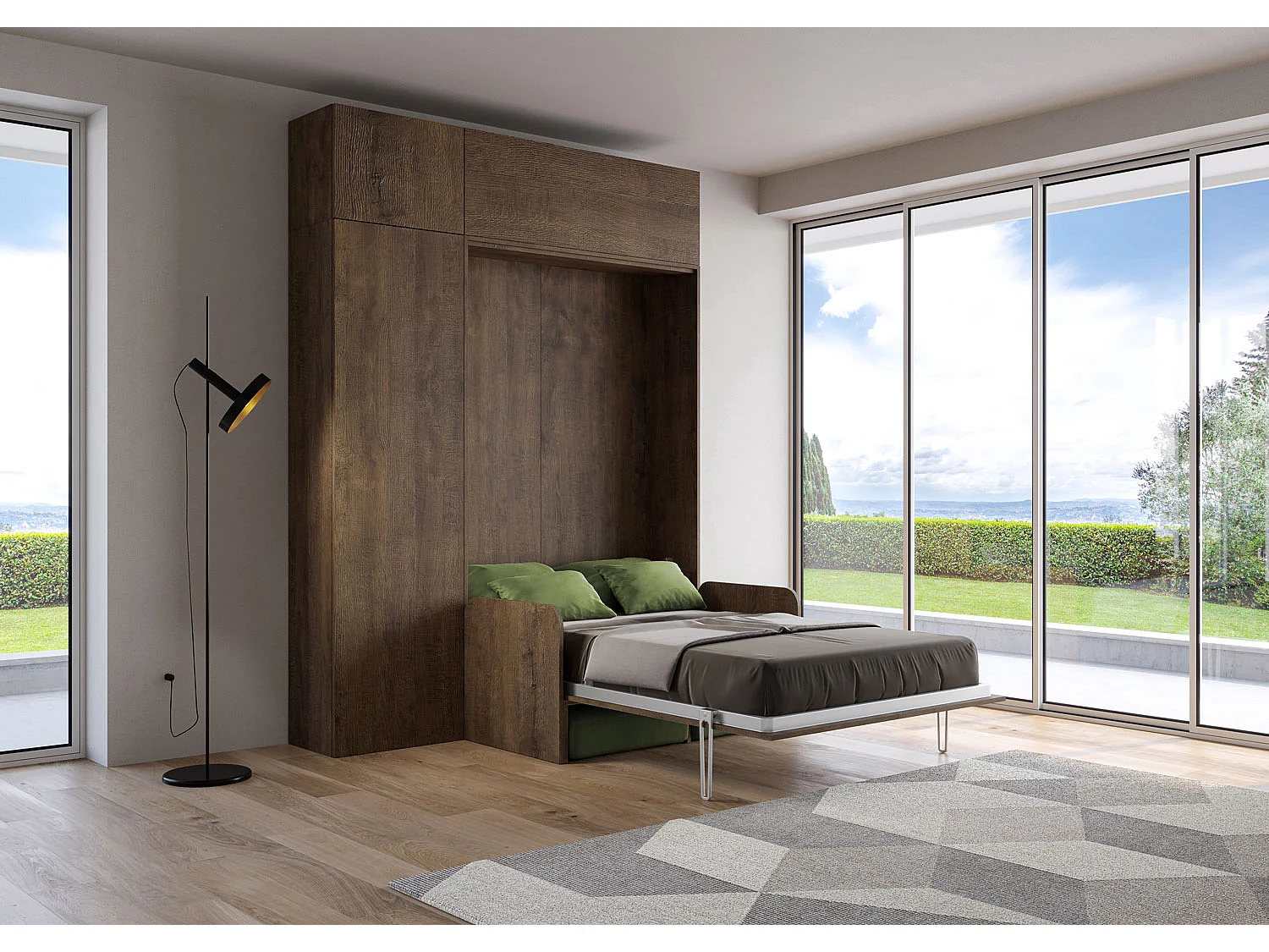 Kentaro 120cm opklapbed queensize met bank en notenhouten meubelen, groen