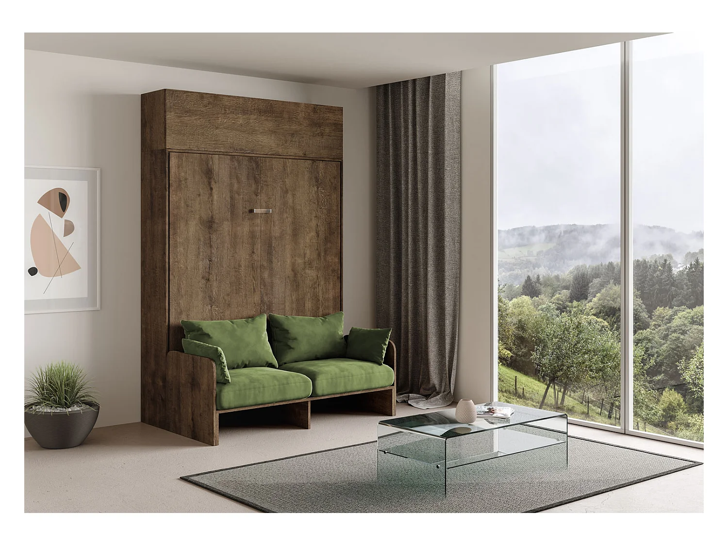 Łóżko podwójne Kentaro 160 cm, rozkładane, z sofą i orzechową szafką ścienną, zielone