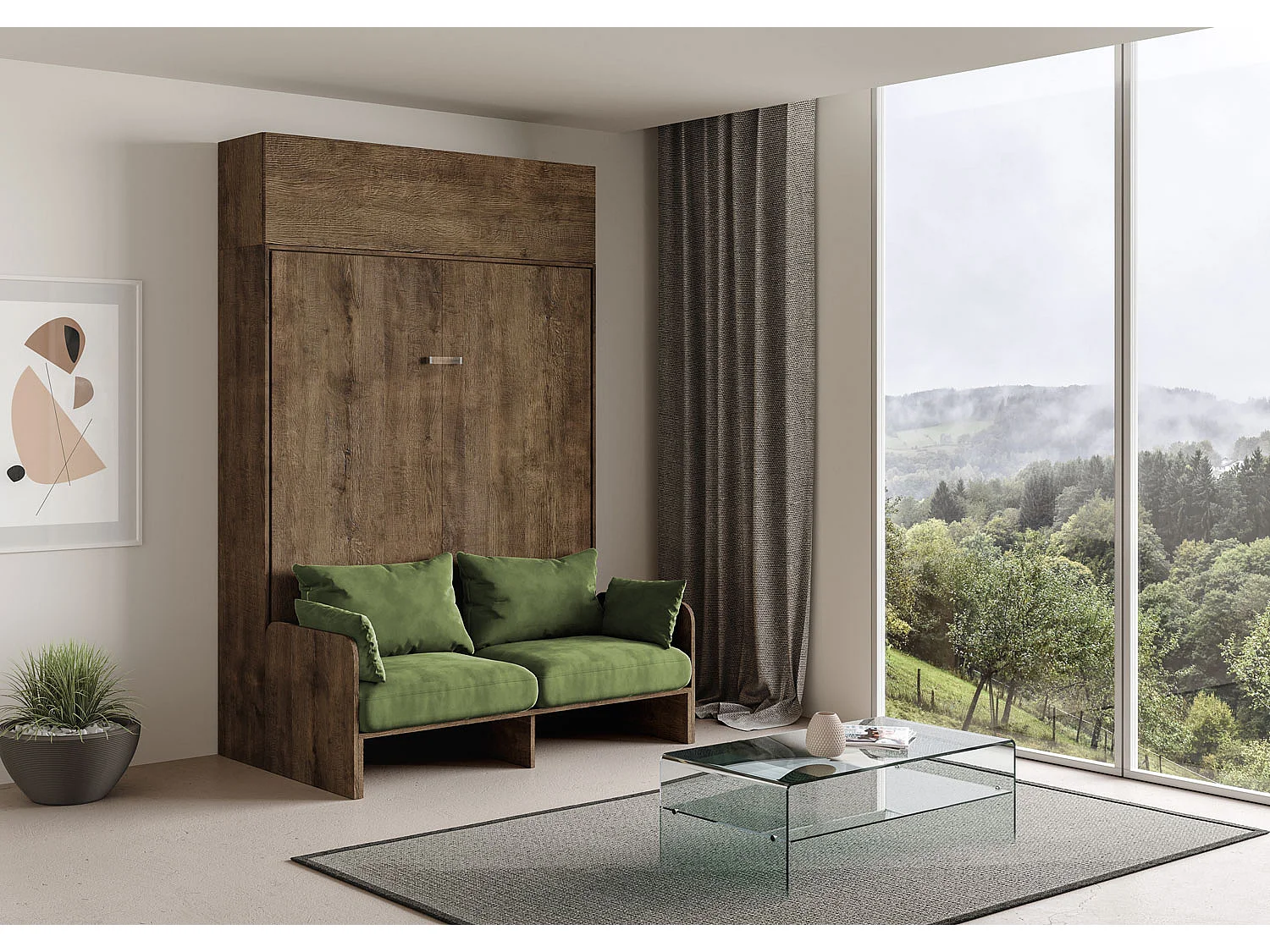 Kentaro opklapbed 160 cm met bank en wandmeubel in notenhout, groen