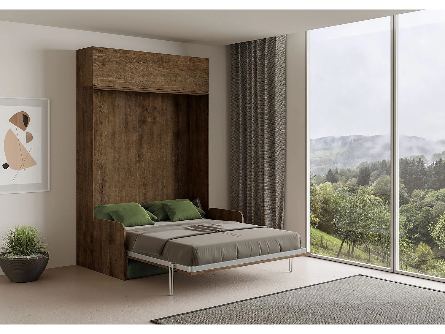 Kentaro opklapbed 160 cm met bank en wandmeubel in notenhout, groen