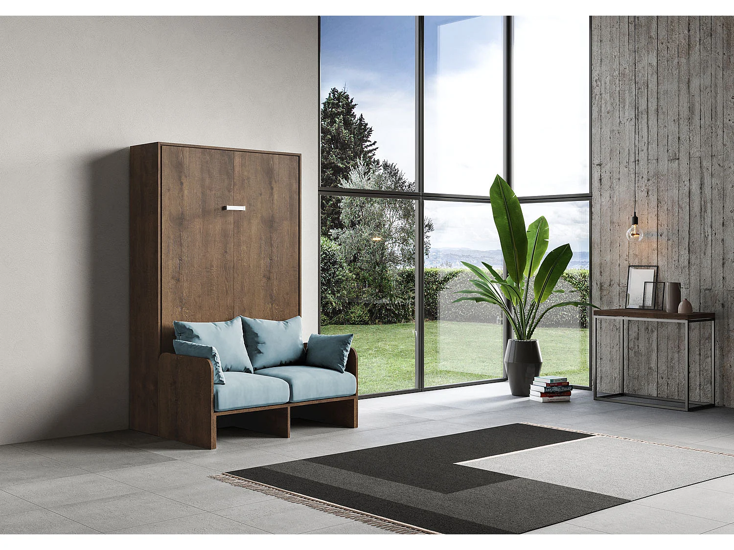 Kentaro 120cm opklapbaar queensize bed met notenhouten bank, lichtblauw