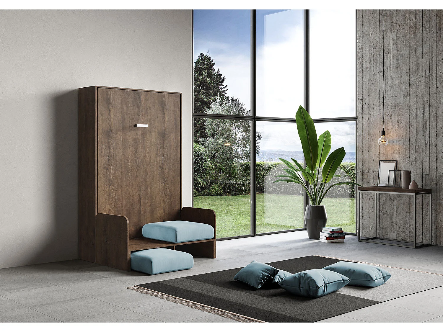 Kentaro 120cm opklapbaar queensize bed met notenhouten bank, lichtblauw