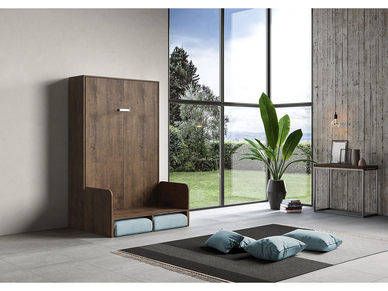 Kentaro 120cm opklapbaar queensize bed met notenhouten bank, lichtblauw