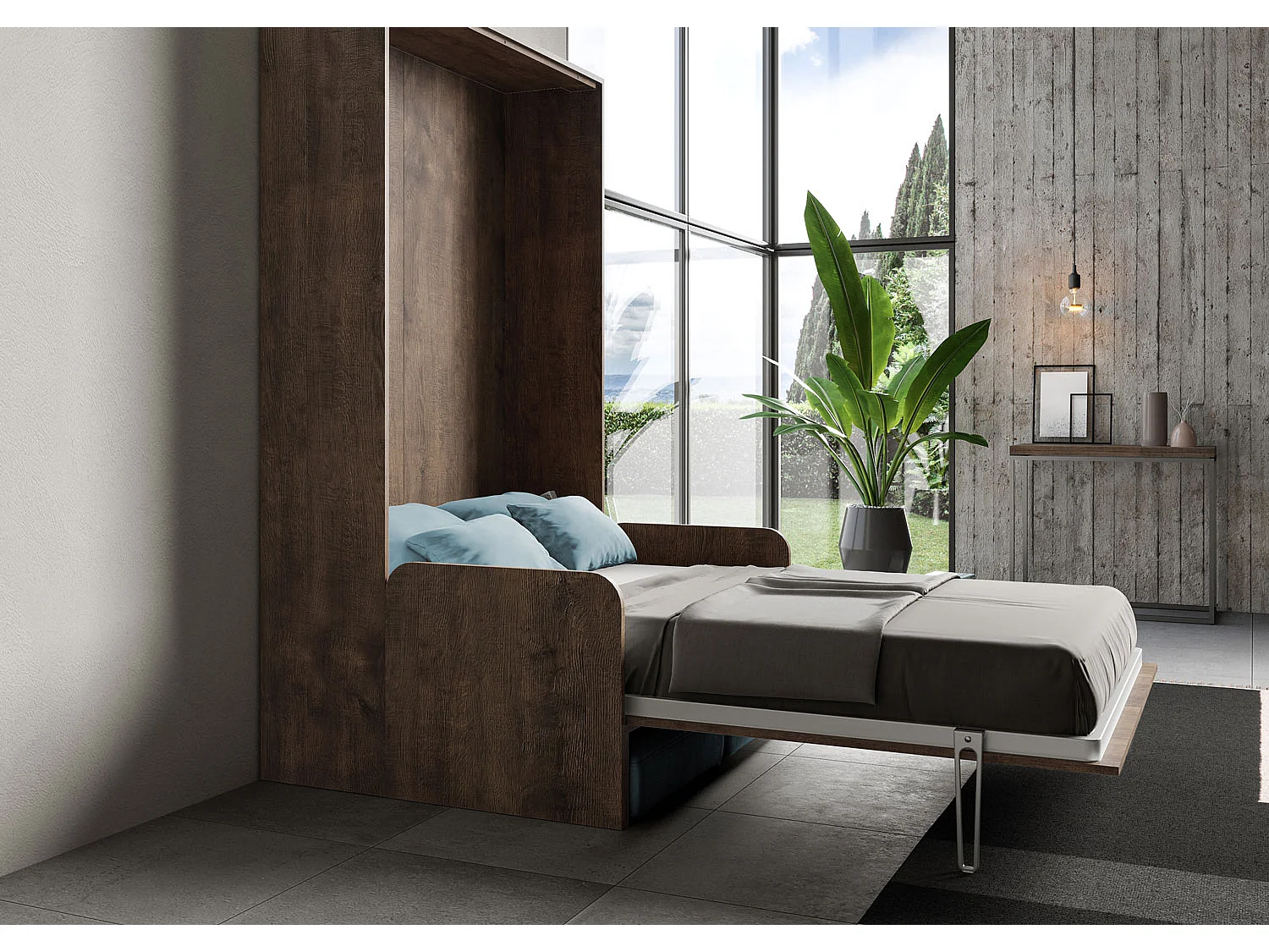 Kentaro 120cm opklapbaar queensize bed met notenhouten bank, lichtblauw