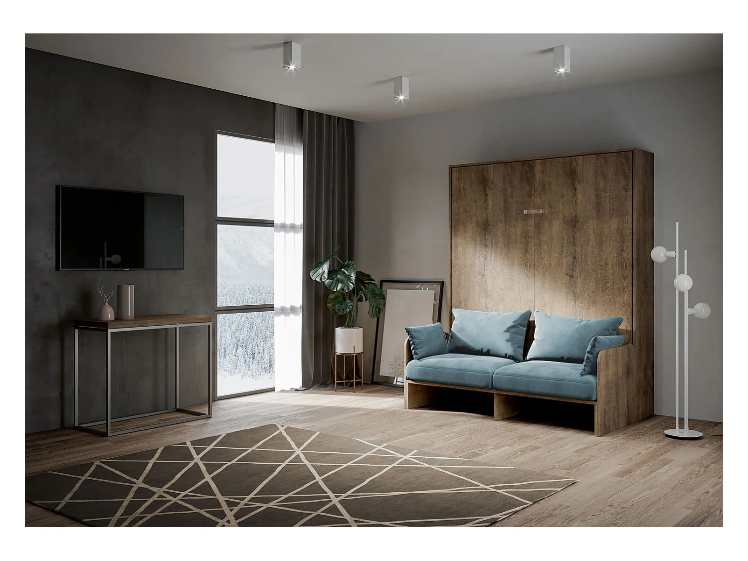 Kentaro 160 cm rozkładane łóżko podwójne z sofą orzechową, jasnoniebieski