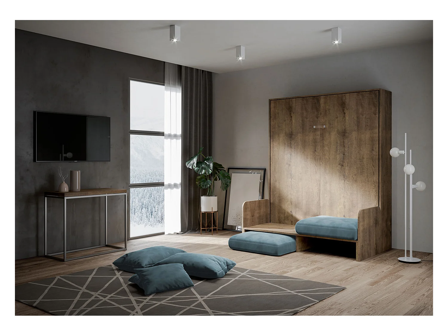 Kentaro 160 cm rozkładane łóżko podwójne z sofą orzechową, jasnoniebieski