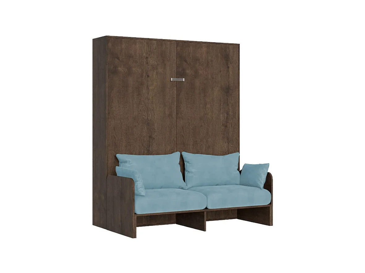 Lit double escamotable Kentaro 160 cm avec canapé en noyer, bleu clair
