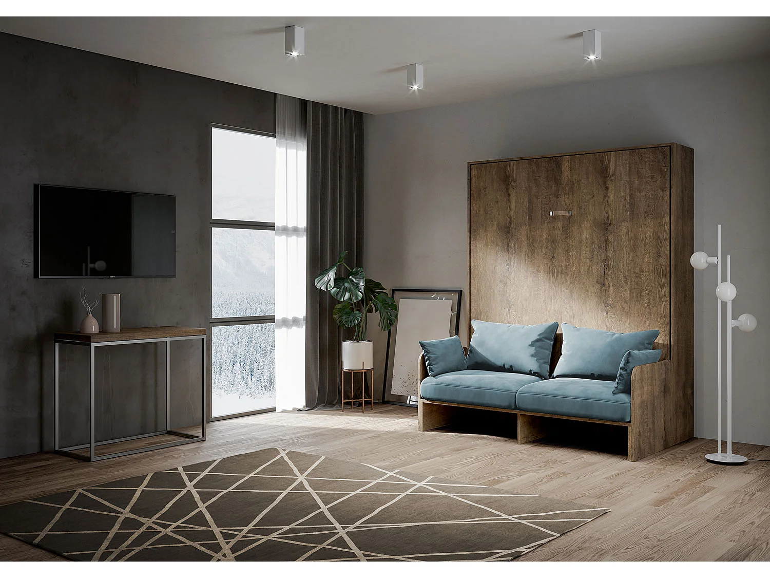 Kentaro 160 cm Klappbett für Doppelbett mit Sofa aus Walnussholz, hellblau