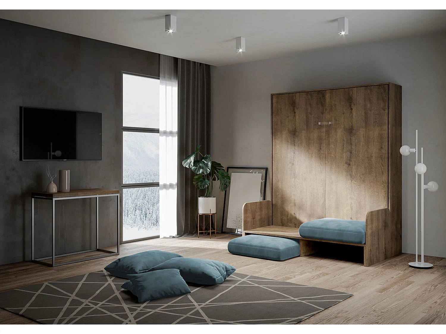 Kentaro 160 cm Klappbett für Doppelbett mit Sofa aus Walnussholz, hellblau