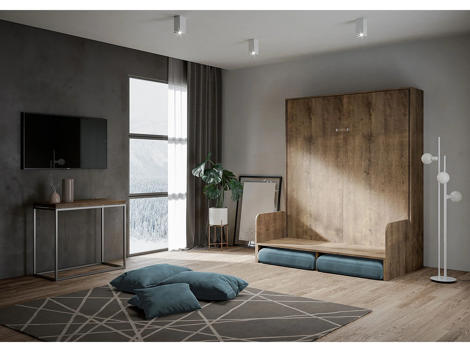 Kentaro 160 cm Klappbett für Doppelbett mit Sofa aus Walnussholz, hellblau