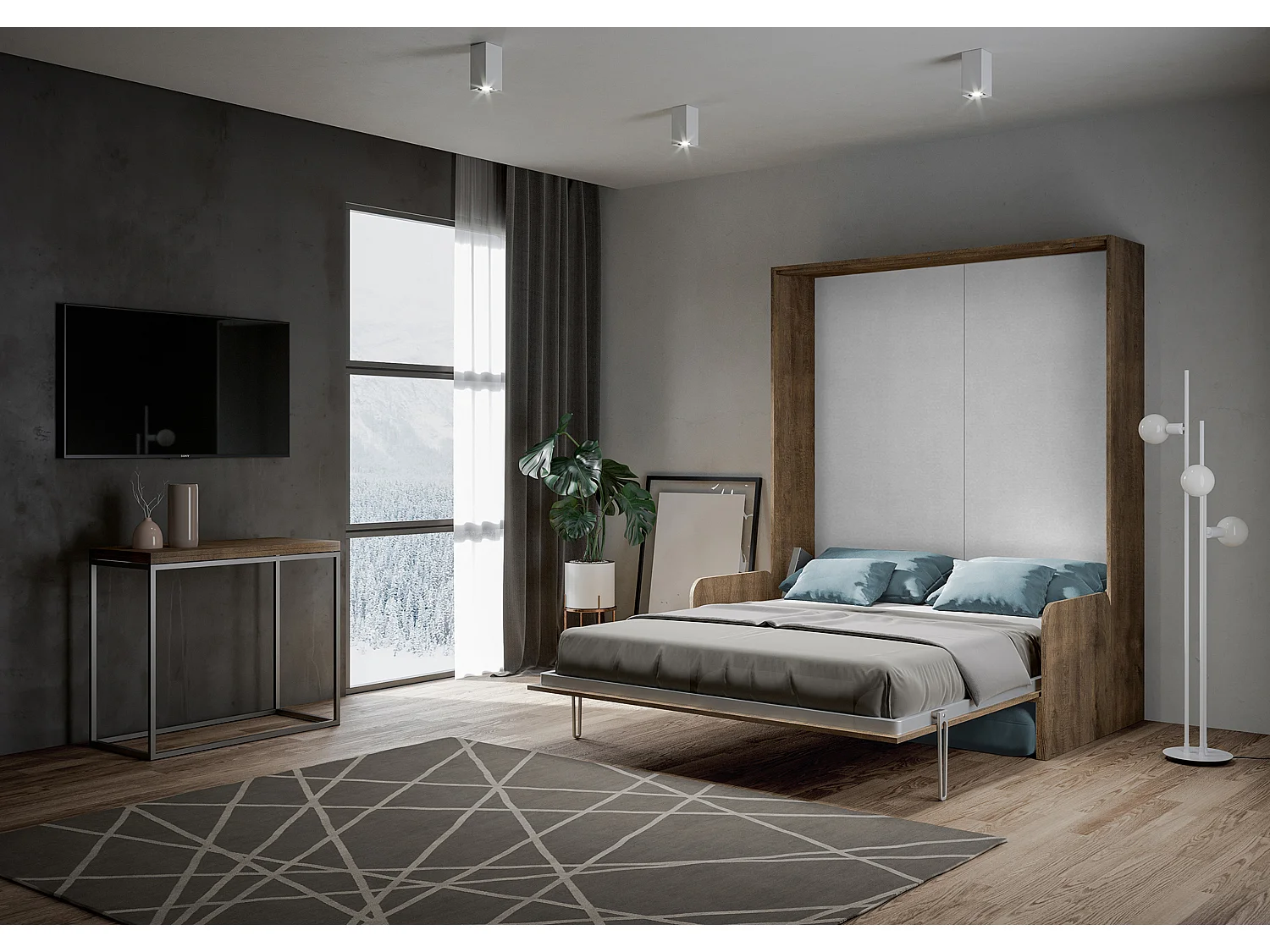 Kentaro 160 cm Klappbett für Doppelbett mit Sofa aus Walnussholz, hellblau