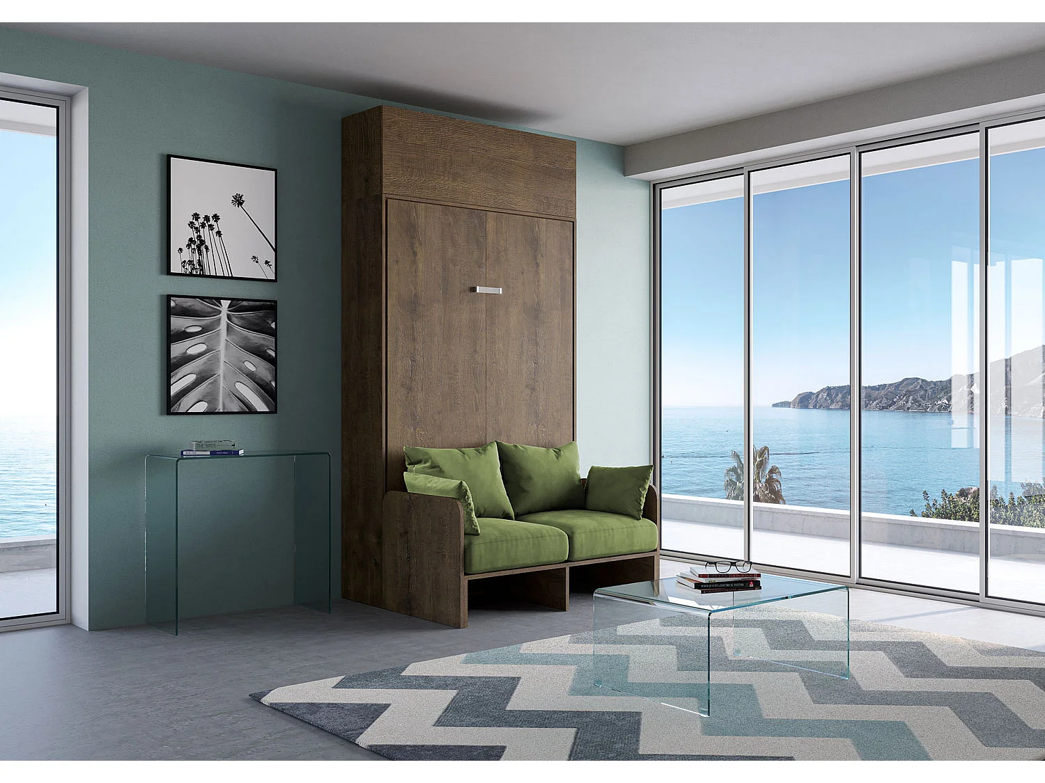 Kentaro 120 cm Klappbett in Queensize-Größe mit Sofa und Wandeinheit aus Walnussholz, grün